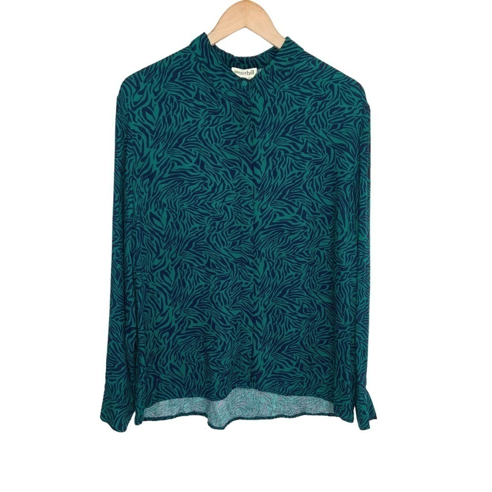 Sugarhill Brighton Animal Print Button Up Shirt Sz 10 Green Blue Long Sleeve